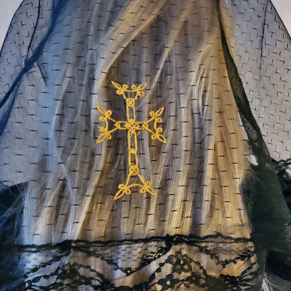 Gold Armenian Cross Embroidered Black Mantilla Chapel Veil D Shape Catholic